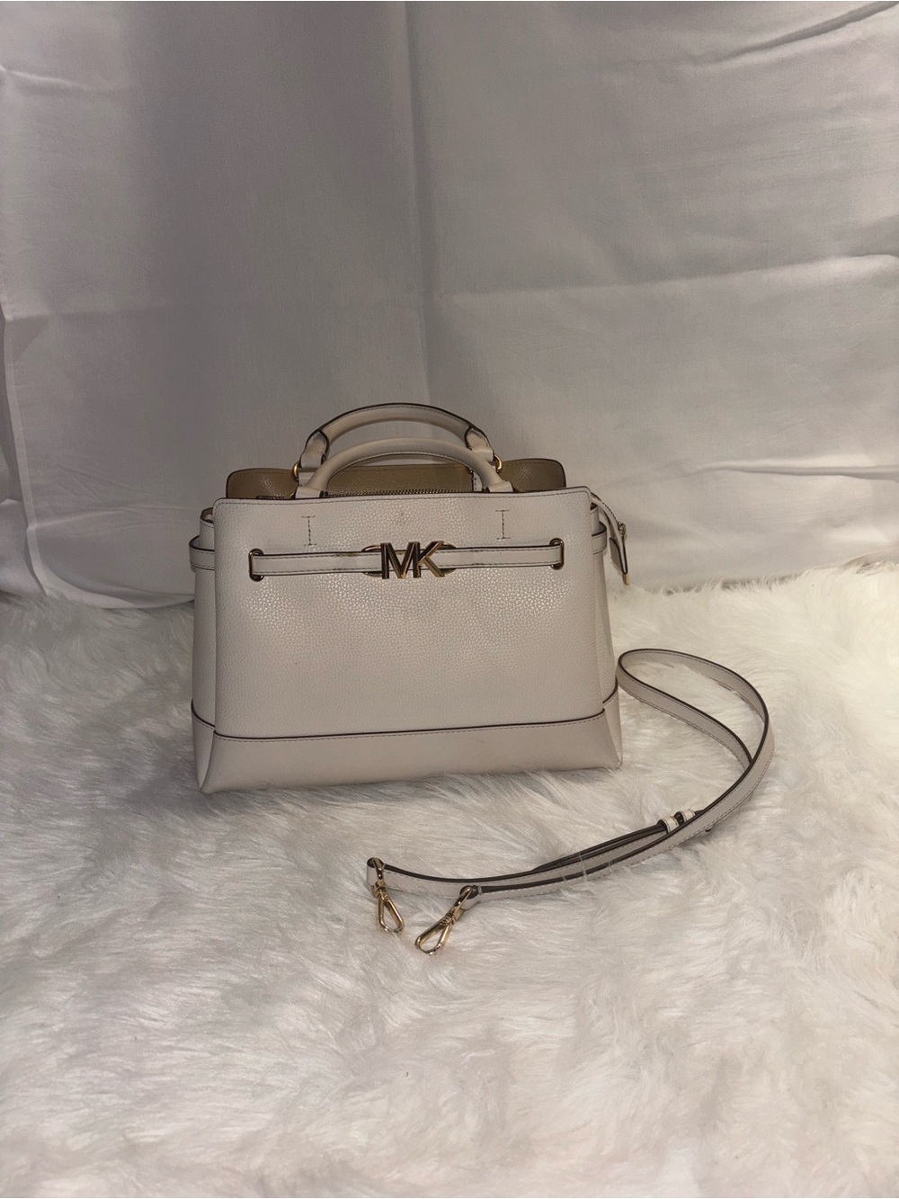 Michael Kors Ivory Pebbled Leather Satchel with Gold MK Logo